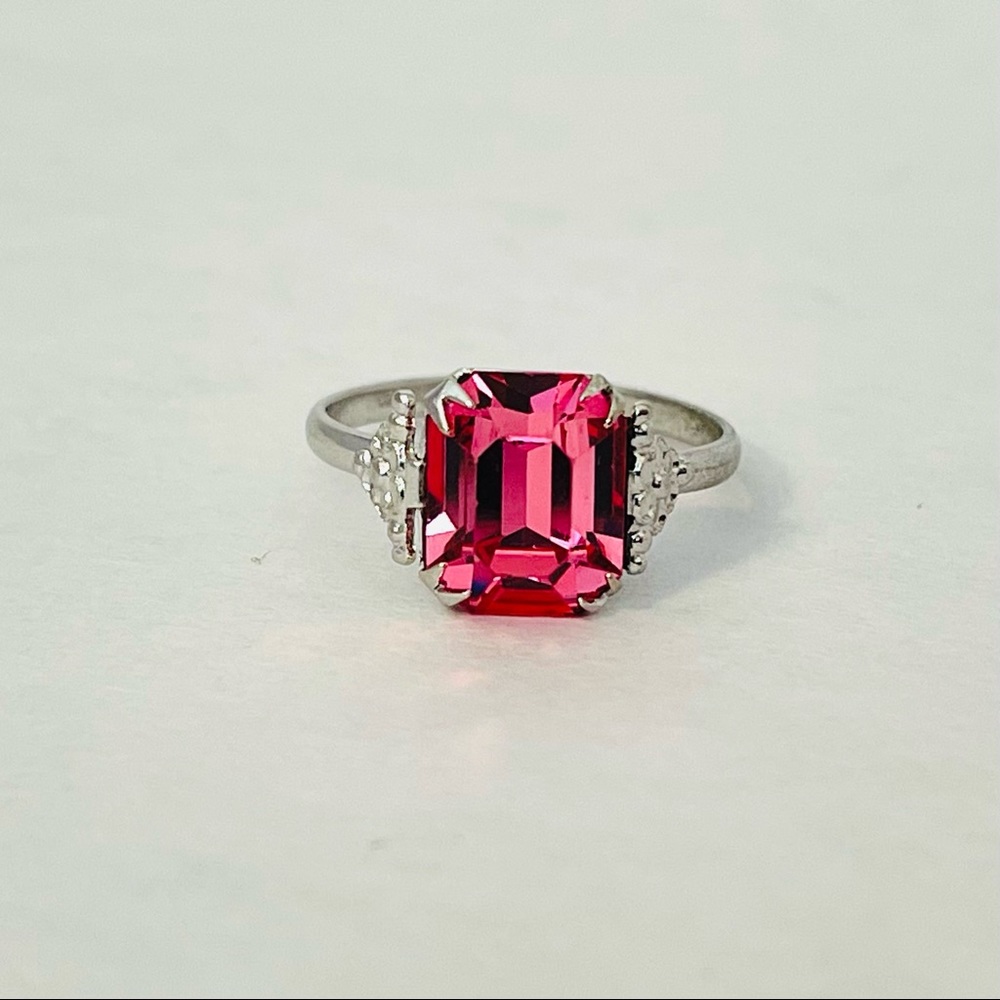 Pink Stone Silver Ring with Butterfly and Flower
